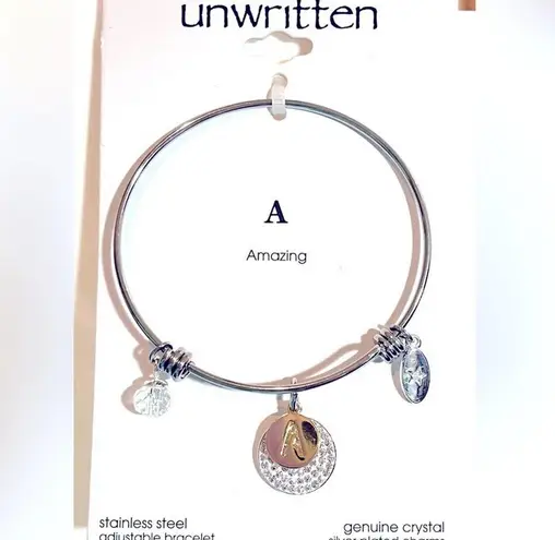 Unwritten NEW SILVER BANGLE BRACELET Crystal Disc Gold Letter “A” Amazing NEW