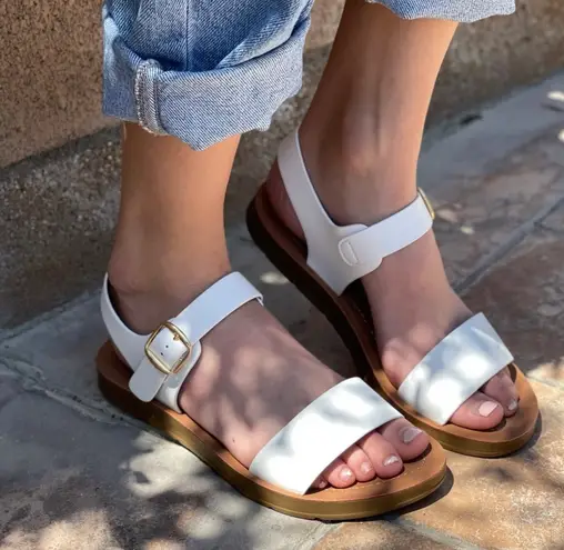 White Ankle Strap Vegan Leather Sandal Size 9