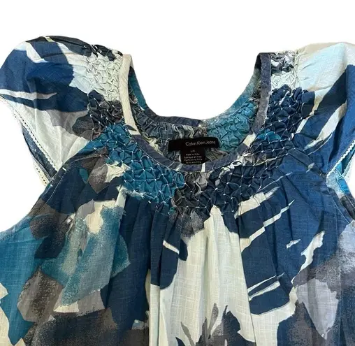 Calvin Klein Jeans 100% cotton cap sleeve abstract flowy top size large Blue