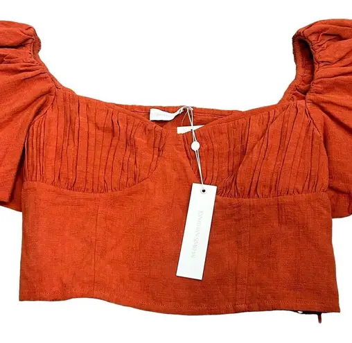 Jonathan Simkhai Puff Sleeves Top Womens 10 Orange Linen Quince Cropped NEW