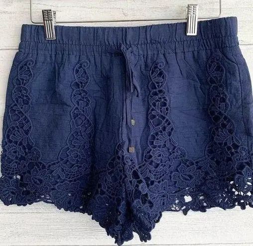 LAmade Navy Lace Crochet Elastic Waist Shorts Blue