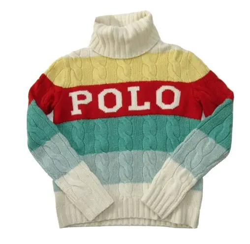 NWT Polo Ralph Lauren Women's Logo Stripe Wool Cashmere Turtleneck Sweater S