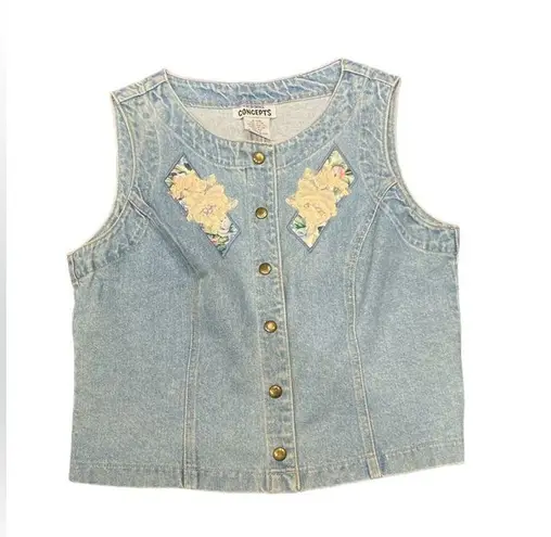 Vintage 90s Appliqué Light Blue Jean Vest By California Concepts Size Large