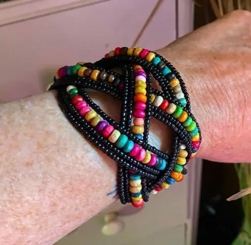 Multi Color Glass Bead & Wooden Beaded Cuff Bracelet Adjustable Multiple