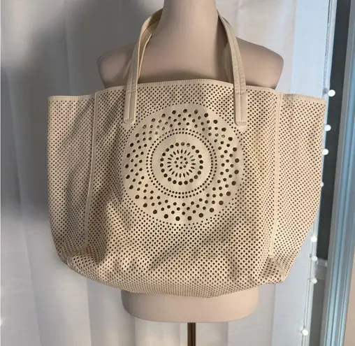 Large Cream Perforated Tote Bag | Leather Look Reversible Style