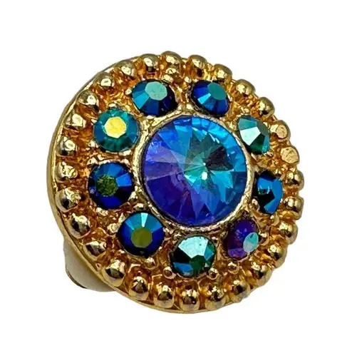 Vintage Peacock Aurora Borealis AB Rhinestone Gold Medallion Costume Earrings