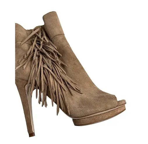 BCBGeneration BCBG Suede Open Toe Fringe Western Platform Booties Women Size 7M/37 Boho