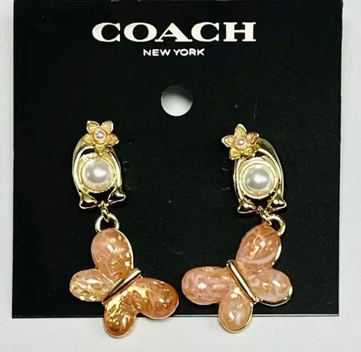 Coach  Signature Butterfly Drop Dangle Earring Gold Pink Cubic Zirconia MSRP $118