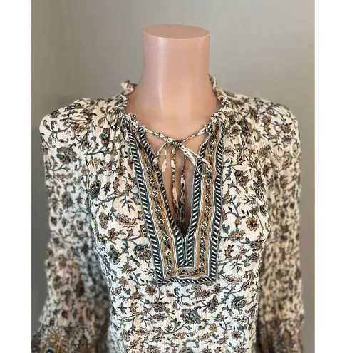 Shoshanna TAN FLORAL PAISLEY Printed Tie-Neck Puff Sleeve Blouse Top XS #158