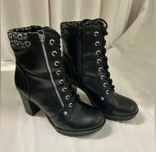 Guess  Wgzones-R Womens Combat Boots 8M Black Double Zipper Lace Up Chunky Heel