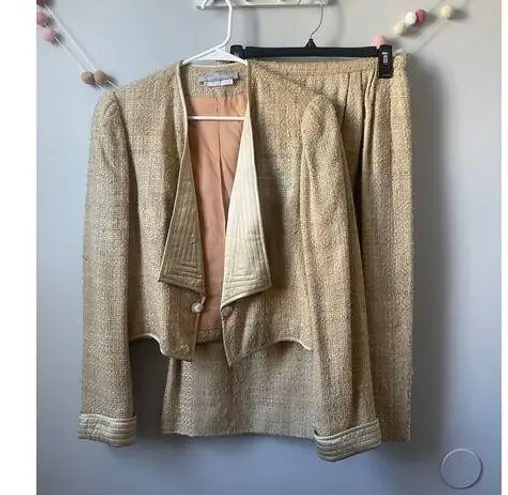 VTG Jonathan Hitchcock for Reuben Thomas Silk Tweed 2 Piece Skirt Suit Set Tan