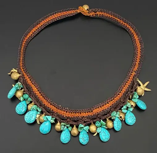 Unsigned Faux Turquoise Starfish Dolphin Beach Theme Crocheted Bohemian Necklace Blue