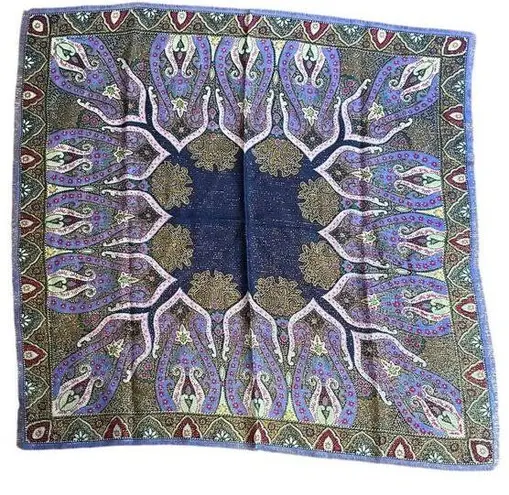 Oscar de la Renta Purple Wool Printed Sparkly Scarf fringe edges 30in Vintage