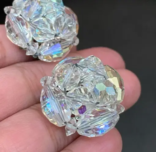 Vintage Laguna Aurora Borealis Cluster Clip Earrings White