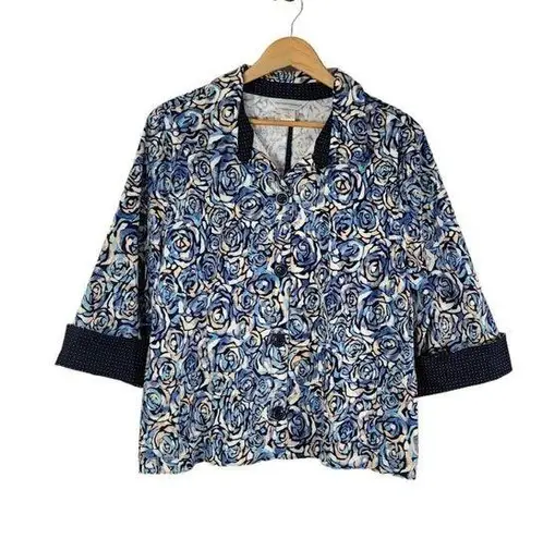 Christopher & Banks Christopher Banks Womens L Jacket Blue Floral Comfort Stretch Button Cuff