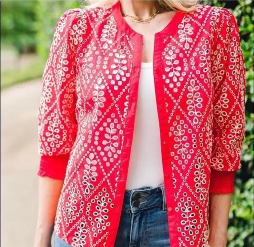 CAbi  Lyric Top Sz S Red & White Embroidered Eyelet Puff Sleeve Button Front EUC