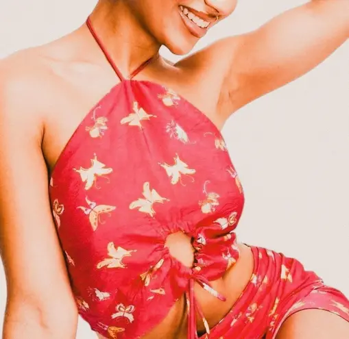 Something New Pink Butterfly Halter keyhole Crop Top Y2K Fairy Coquette XS