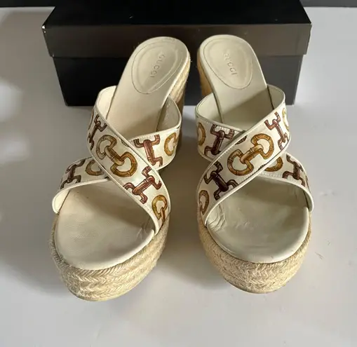 Gucci Bamboo Horsebit Leather and Satin Printed Espadrilles Wedge Sandals Sz 9+