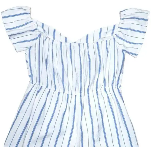 Casting LA Ruffle Nautical Shorts Romper Off Shoulder Blue White Striped, S