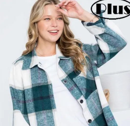 NEW 1X FLANNEL SHACKET JACKET Button Woven Twill Green White Purple Plaid NWT