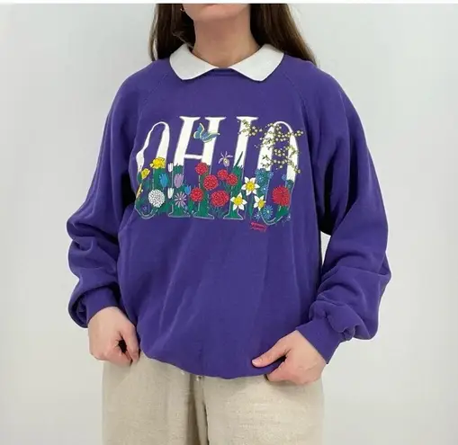 vtg cottagecore oversized “Ohio” flowers graphic sweatshirt pointelle collar XL Purple