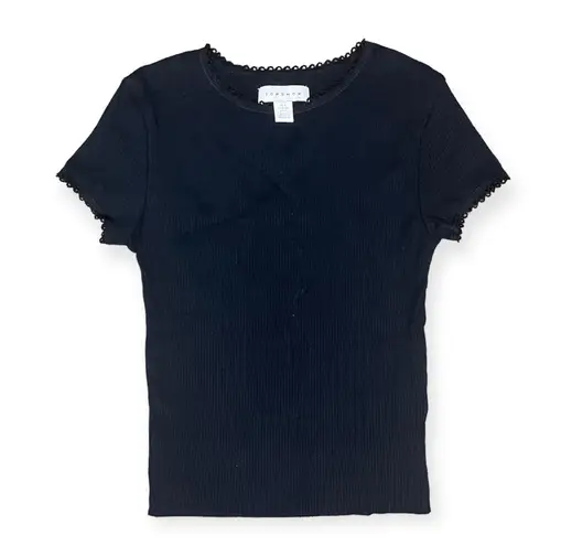 Topshop Black Ribbed Lace Trim Baby Tee Top