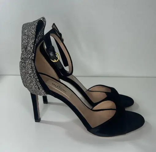 Valentino Garavani Black Velvet Sparkle Bow Strappy Heeled Sandal