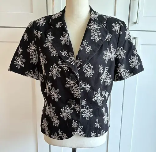 Judith Hart Women's Black Floral Cotton Embroidered Blazer Size 12 Short Sleeve Black