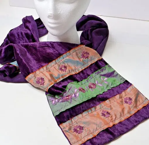 Purple Velvet Iridescent Embroidered Flowers Fairy Scarf Boho Y2K Silk Blend SEE