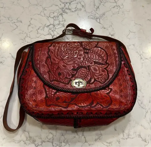 Red Leather Floral Tooled Shoulder Bag Purse