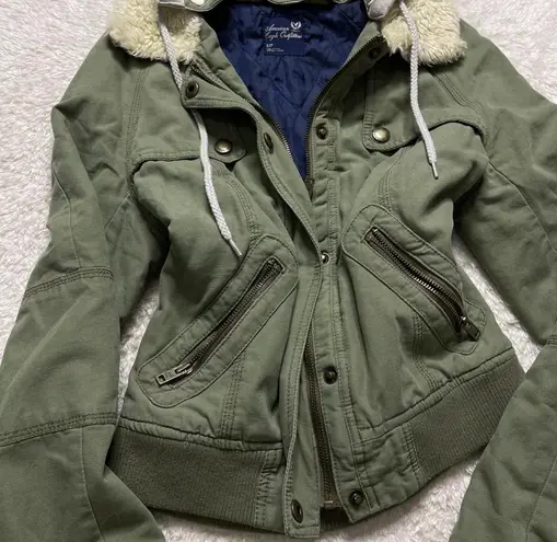 American Eagle Baby Doll Bomber Jacket sz Large  Olive colored with removable grey hoodie