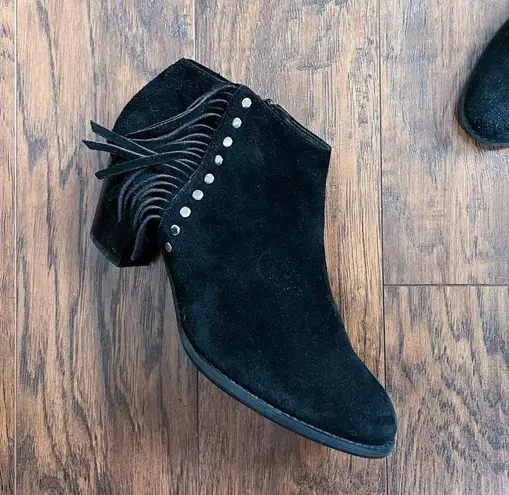 Vionic • Faros Fringed Bootie ankle boot black suede heeled studded orthotic