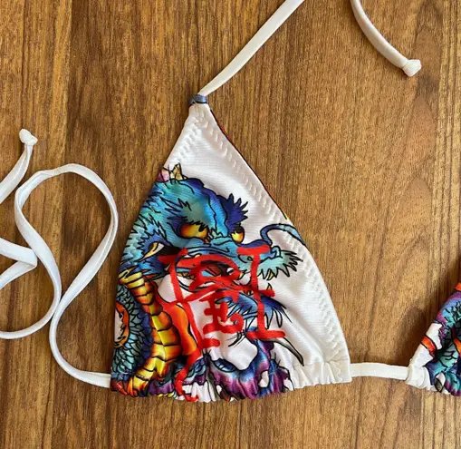 Ed Hardy Vintage Y2K Rare White Blue Dragon String Triangle Edgy Bikini Set