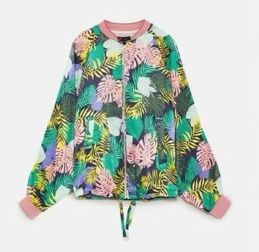 ZARA  Tropical Monstera Palm Leaves Elastic Trim Satin Bomber Jacket Pockets M