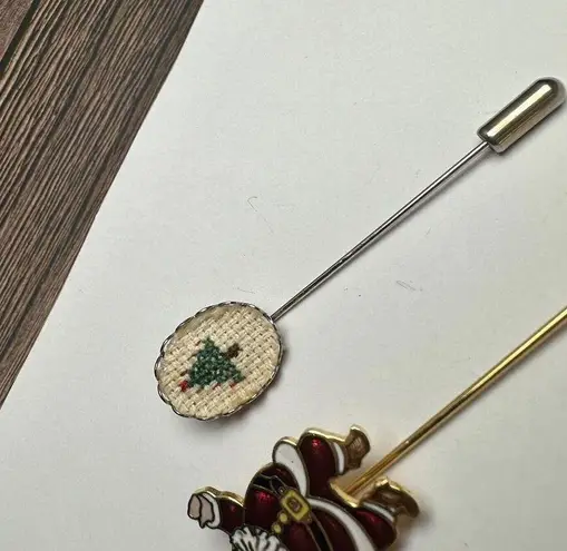 Enamel Santa Claus & Embroidered Christmas Tree Lapel Stick Pin Lot Of 2