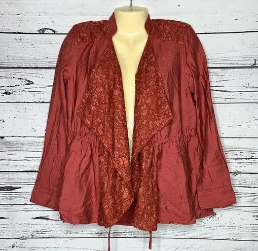 LOGO By Lori Goldstein Size 4 Pink - Floral Lace Trim Open Front Drape Jacket