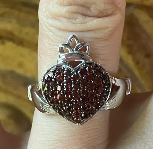 Natural Red Garnet Sterling Silver Claddagh Ring Size 7