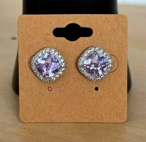 Lavender Cubic Zirconia Halo Stud Earrings Silver Secure Square Diamond Jewelry