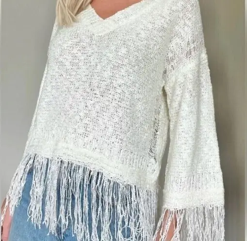 NWT SIX/FIFTY Crochet Fringe Sweater Boho Festival Cream Size Small