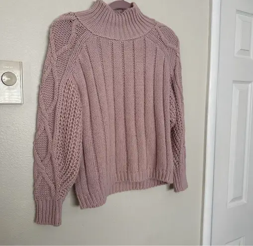 Mauve Cable Knit Puffy Sleeve Sweater (XS) Pink