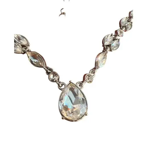Vintage Silver Tone Necklace Clear Teardrop Rhinestones Wedding Prom Pageant Adj