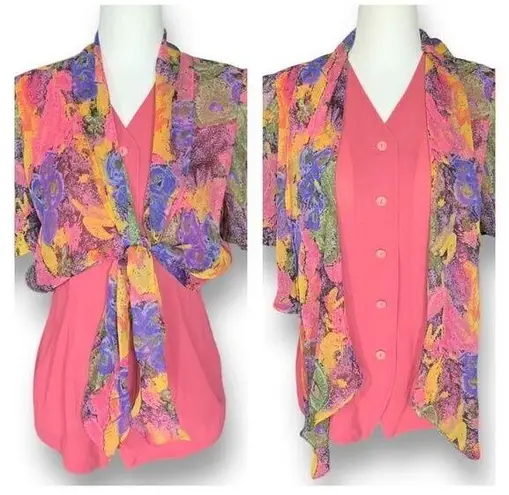 Vintage Jolly King Blouse Pink Button Front Sheer Abstract Art Scarf Overlay Size M