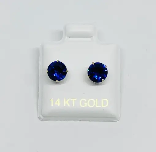 Real 14k Gold Studs Earrings Blue Cubic Zirconia 6mm Screw Back Girl Women September Birthstone Aretes Azul De Mujer New