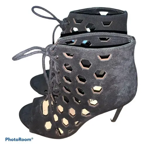 via spiga  Eloise Black Suede Cage Booties Heels