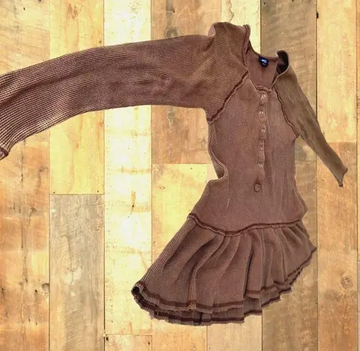 Very J Henley Waffle Knit Top Medium Brown Raglan Sleeves Snaps Tiered …