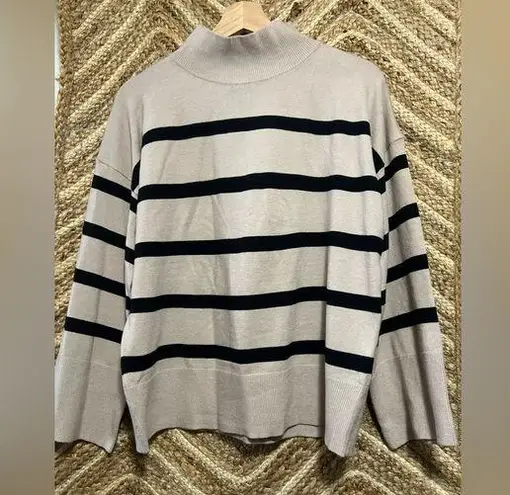 Aaeda Women's Striped Turtleneck Pullover Sweater,Beige and Black,Size L Tan Size L - Image 1