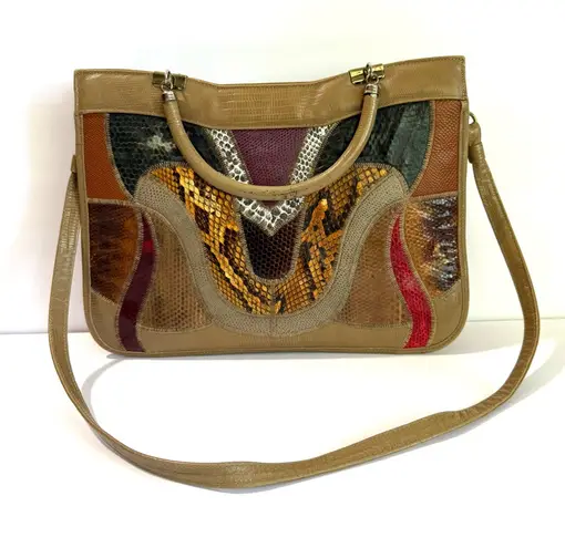 Vintage Caprice 1980s Snakeskin Patchwork Shoulder Bag Exotic Leather Tan