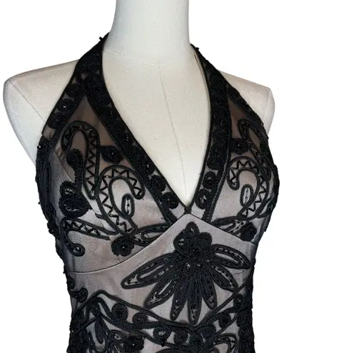 Interlude USA Beaded Halter Bubble Hem Dress Black / Nude size Small