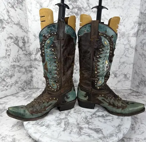 Stetson Thunderbird Studded Eagle Boot Size 7.5 Western Brown Turquoise Leather