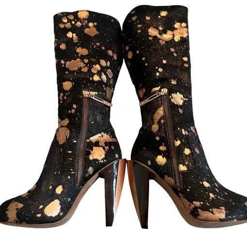 Finsk Leather Cowhair Animal Print Tall Platform Boots, Sz 4.5/5 Black